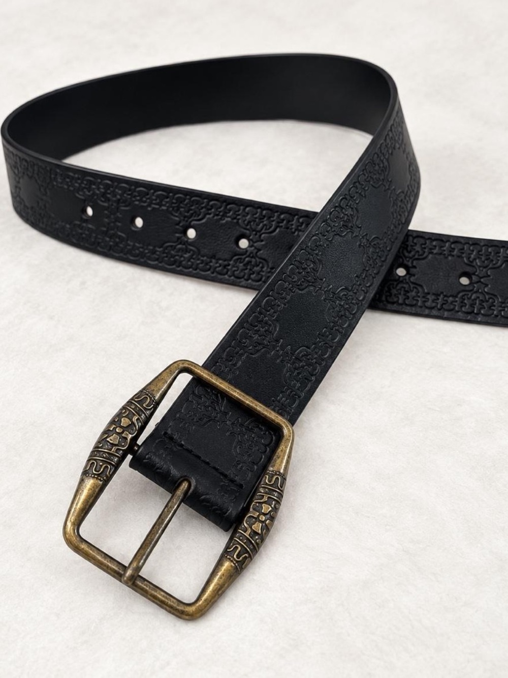 Black Embossed Belt with Antique Brass Buckle